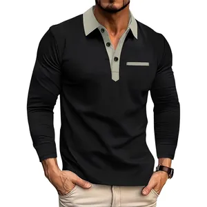 Detail van heren slim fit poloshirt met contrastkraag en decoratieve nepmantelzak op de borst