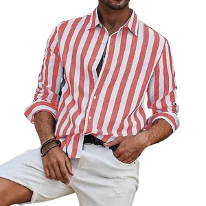 Camicia casual da uomo a maniche lunghe a righe verticali rosse e bianche con bottoni