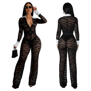 Women's sexy black lace jumpsuit featuring white contrast collar and cuffs in detail view