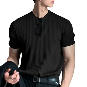 Stylish men's black short-sleeve ribbed knit T-shirt featuring a classic crew neck design.
