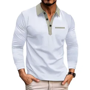 Gedetailleerde weergave van een heren slim fit poloshirt met lange mouwen en contrastkraag