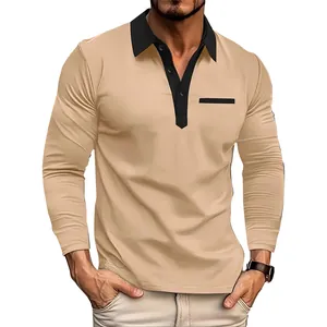 Vooraanzicht van beige poloshirt met lange mouwen voor heren met zwarte contrastkraag en sluiting