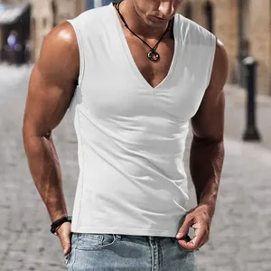 Detailed view of white men's V-neck muscle tank top for athletic and casual summer wear