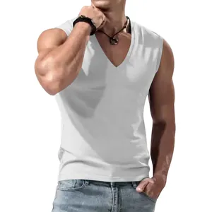Detailed view of men's minimalist white V-neck sleeveless tank top on model