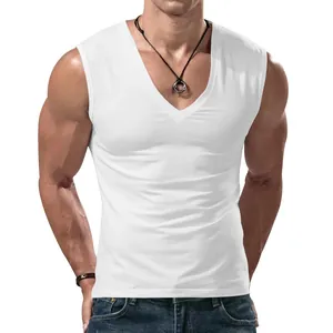 Detailed view of white V-neck sleeveless tank top for men in minimalist casual style