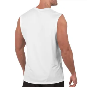 Detailed back view of a white men's casual sleeveless tank top on a fitness model