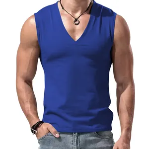 Detailed view of a men's royal blue v-neck sleeveless tank top featuring a clean, minimalist design