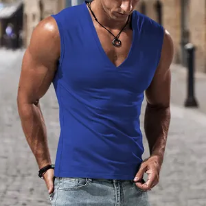 Close-up view of a royal blue V-neck sleeveless vest for men in a casual outdoor setting