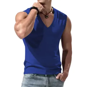 Close-up detail of a men's blue V-neck sleeveless tank top worn by a male model
