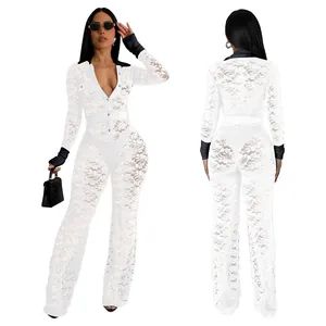 Front and back view of elegant white lace jumpsuit with black contrast collar