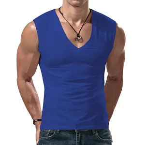 Close-up of men's solid blue V-neck sleeveless tank top with slim fit design