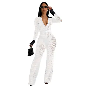 Elegant white floral lace jumpsuit with black contrast collar and long sleeves for women