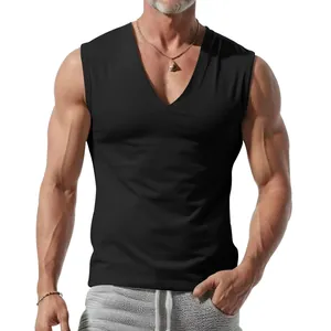 Men's athletic black V-neck tank top sleeveless fitness muscle shirt for summer gym