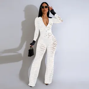 Elegant sexy white lace jumpsuit with deep V-neck and black contrast collar details
