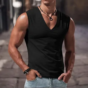 Detail shot of a minimalist black V-neck sleeveless vest for men in summer
