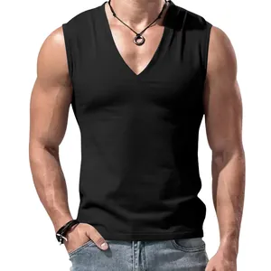 Classic black V-neck sleeveless slim fit sport vest for men, premium cotton feel