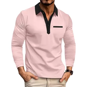 Slim fit roze polo met lange mouwen, voorzien van een zwart contrasterende kraag