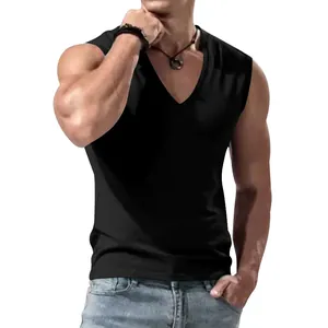 Detailed view of a men's minimalist black sleeveless V-neck tank top in a casual style