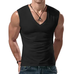 Detailed front view of a minimalist men's plain black V-neck sleeveless summer tank top