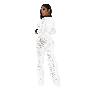 Rear view of a sexy white floral lace jumpsuit featuring a black contrast collar detail
