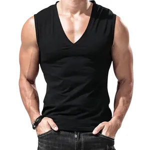 Detailed front view of a men's slim-fit V-neck black sleeveless tank top on a model