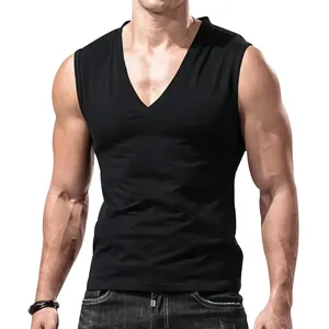 Close-up detail of a men's black V-neck tank top showing slim fit and fabric texture