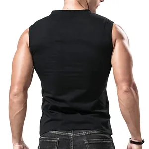 Rear view of a men's black solid color tank top, sleeveless summer vest in casual style.