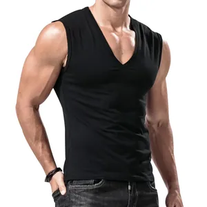 Detailed view of a minimalist black V-neck sleeveless tank top for men on model.