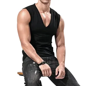 Close-up showing the fit and fabric of a men's casual slim black V-neck tank top
