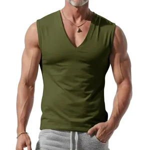Minimalist olive green men's V-neck tank top made of comfortable soft jersey cotton