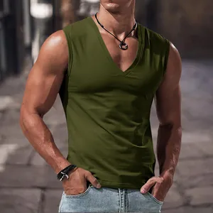 Sleeveless olive green V-neck tank top for men featuring a soft casual cotton fabric