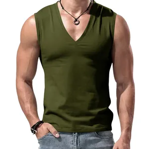 Men's olive green deep V-neck muscle tank top for casual summer sports and gym wear