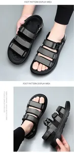 Detail shots of men's outdoor sport sandals with adjustable grey textile straps and soft soles