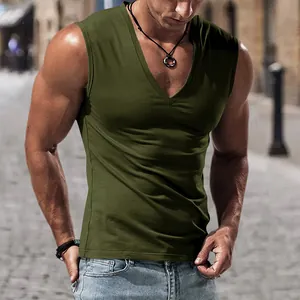 Detail view of olive green V-neck men's slim fit tank top with soft cotton texture