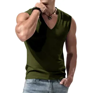Detailed shot of a men's slim fit V-neck sleeveless tank top in olive green for summer wear