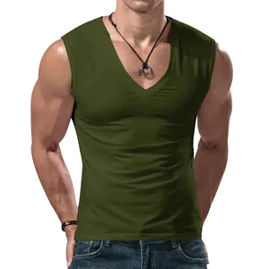 Men's olive green V-neck sleeveless tank top showing close-up fit and collar detail.