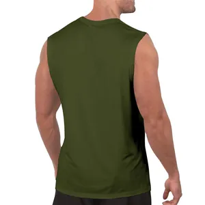Macro view of the back of a men's dark green sleeveless tank top with clean stitching