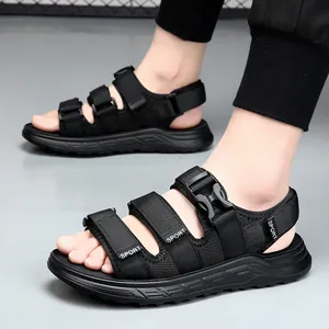 All-black men's sport sandals with adjustable Velcro straps and soft non-slip sole
