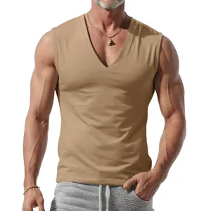 Classic men's khaki solid color V-neck sleeveless sports tank top for summer casual wear