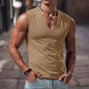 Close-up of a men's stylish khaki V-neck tank top, featuring a minimalist summer design