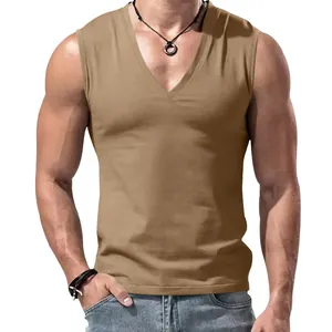 Men's solid tan sleeveless V-neck tank top vest, slim fit casual summer sportswear top
