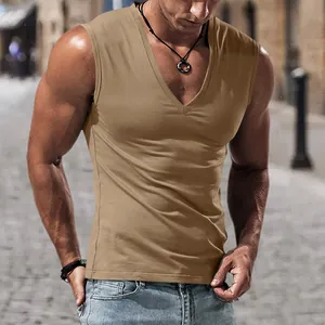 Close-up detail of a minimalist men's sleeveless V-neck tank top in khaki summer cotton