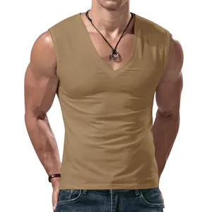 Detailed view of a men's khaki V-neck sleeveless vest showing fabric texture and fit