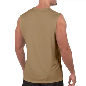 Detailed back view of a men's minimalist tan sleeveless tank top for casual summer wear