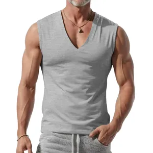 Close-up of a men's grey V-neck sleeveless tank top showing fabric texture and fit.