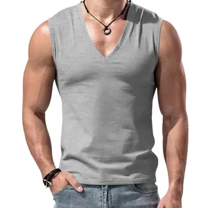 Grey men's V-neck sleeveless sports tank top with slim fit athletic cotton design