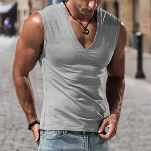 Detail showing the V-neck design and fit of the grey sleeveless men's vest.