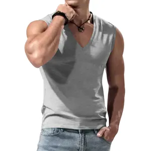 Close-up of men's sleeveless V-neck tank top in grey, solid color casual muscle fit style.