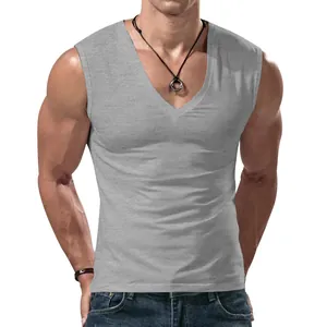 Close-up detail of a men's grey V-neck tank top showing slim fit and fabric texture