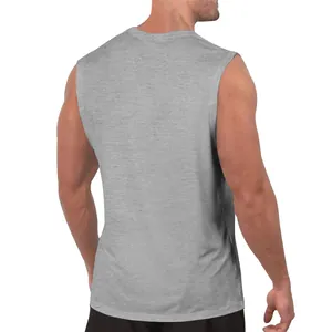Back view of a men's loose casual gray tank top in comfortable cotton blend fabric